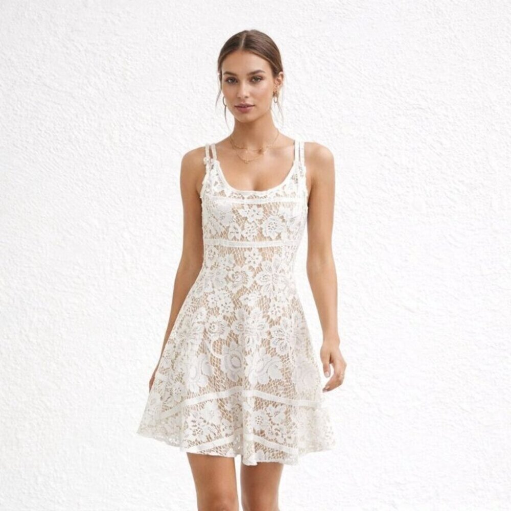 For Love & Lemons White Lace Fit Flare Sleeveless Dress Lined Boho Festival XS - Picture 2 of 15